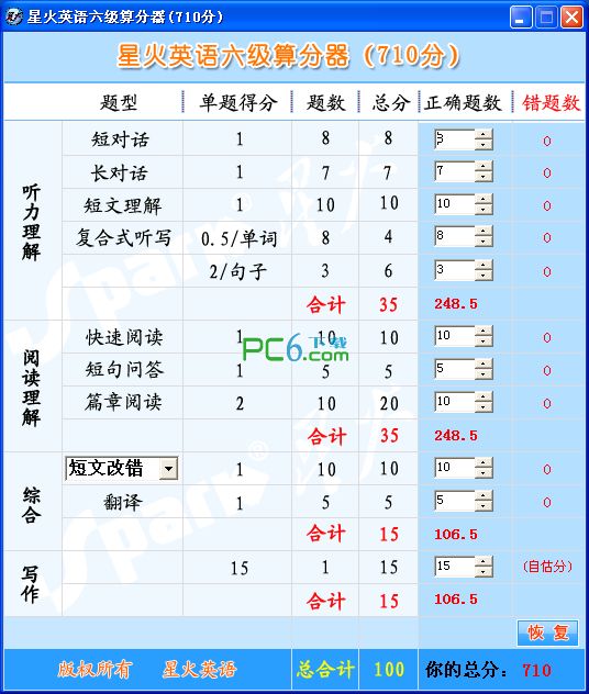 星火英语六级算分器